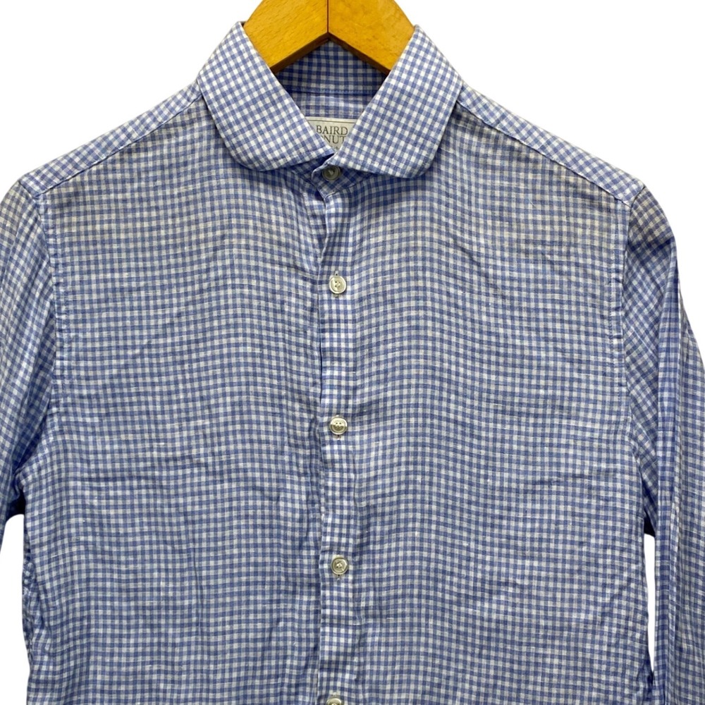 Murano Baird McNutt Linen Shirt Mens Small Blue Gingham Slim Fit Club Collar